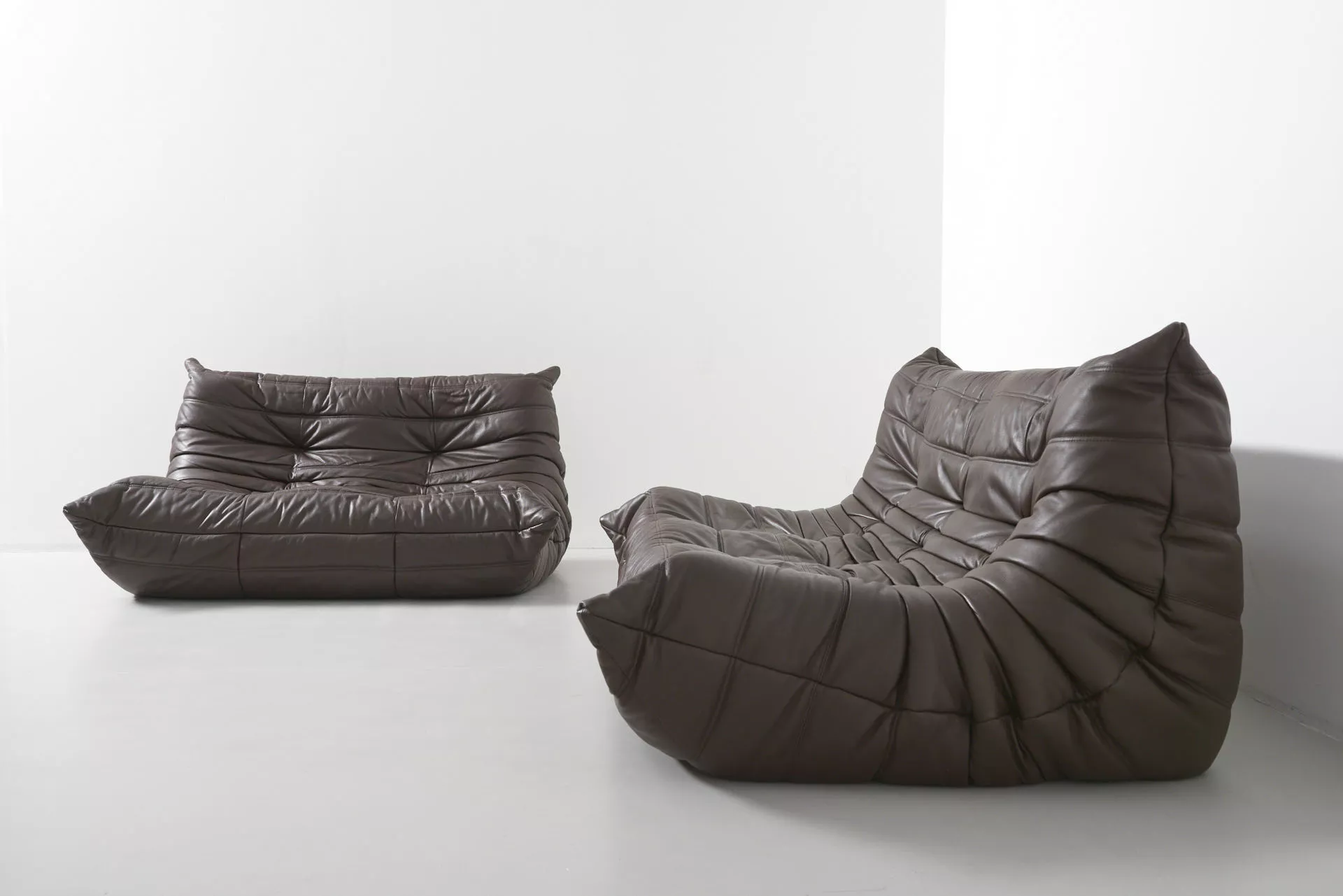 Ligne Roset Togo sofa suite, brown leather, Pre-used design