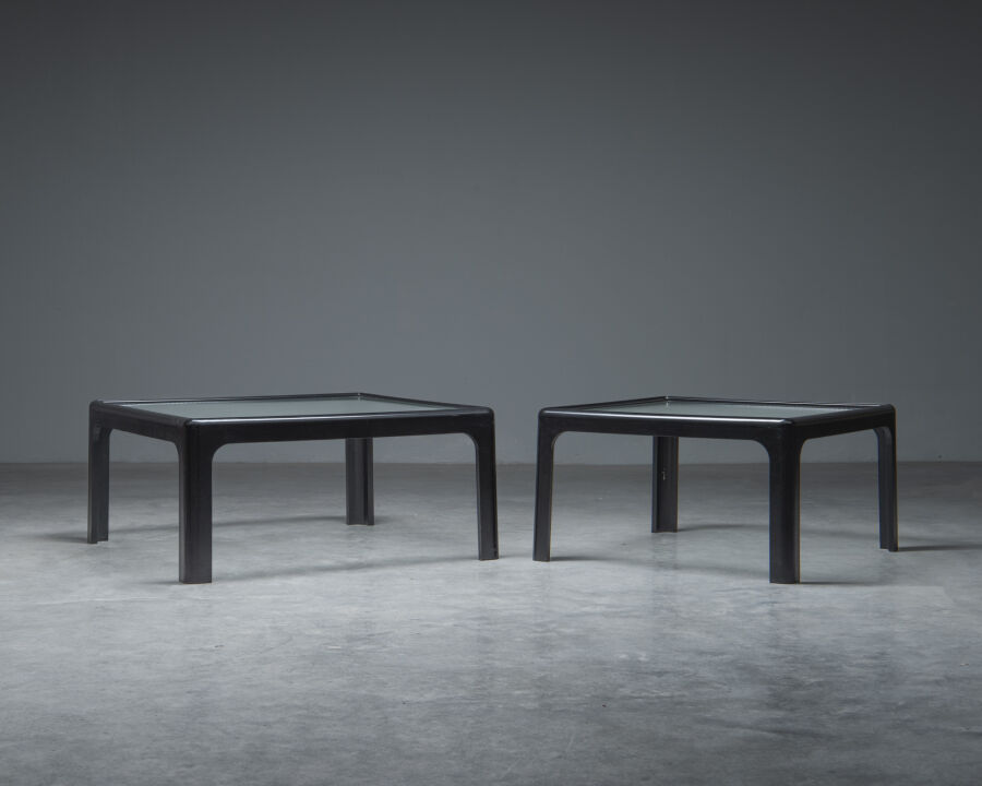 3672-3673pair-of-low-tables-black-plastic-frame-and-wired-glass-top